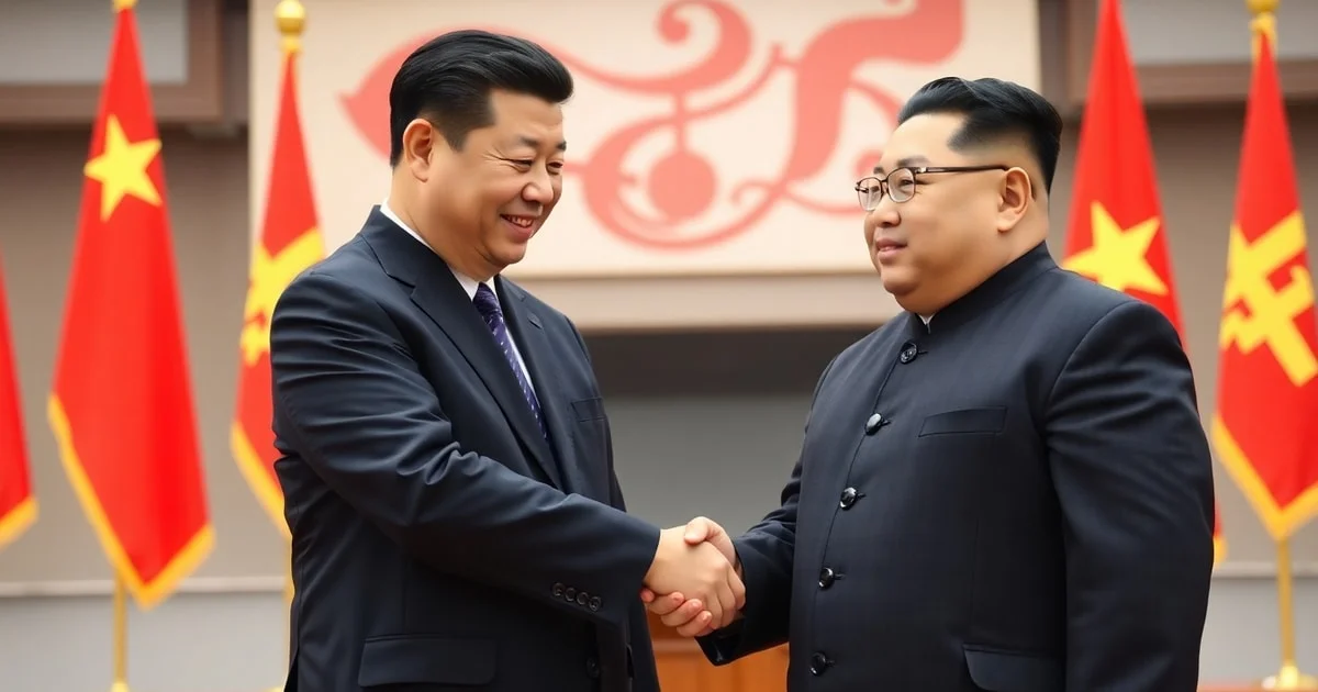 A professional, high-resolution news photograph of Chinese President Xi Jinping and Kim Jong-un shaking hands in Pyongyang with national flags in the background.