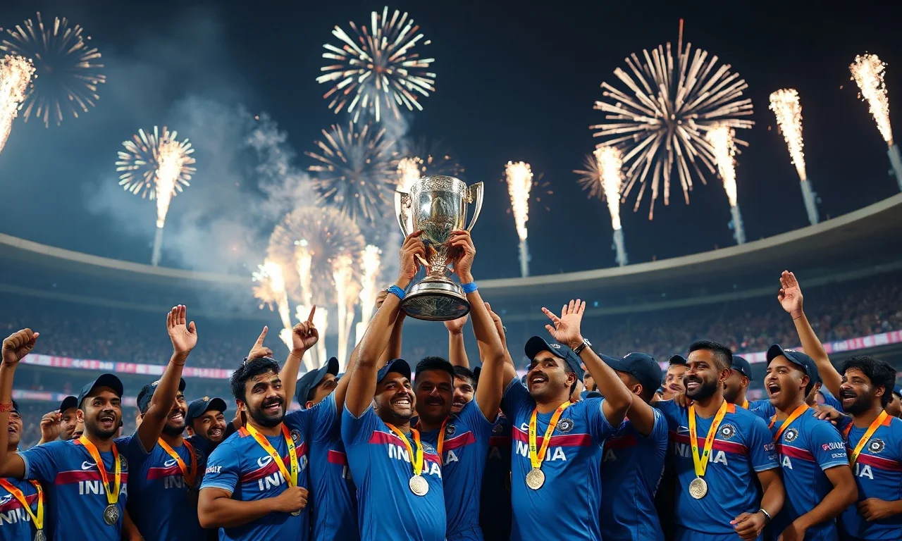 Cinematic shot of the Indian cricket team hoisting the World Cup trophy at Narendra Modi Stadium, fireworks, blue jerseys, gold medals, celebrating a historic win.