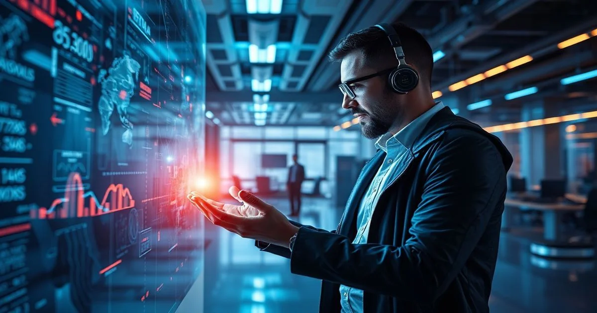 A futuristic digital painting of a tech leader interacting with glowing AI neural networks and data visualizations in a high-tech, cinematic corporate office.