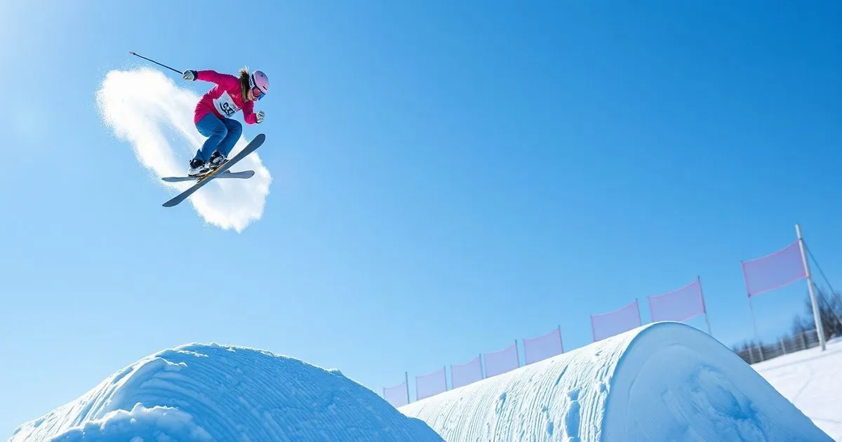 A skier in pink performs a dynamic jump against a bright, clear blue sky over snowy terrain.