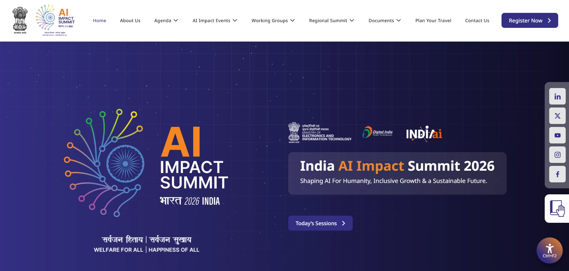 The India AI Impact Summit 2026 website homepage features a professional, modern design promoting inclusive, sustainable AI growth.
