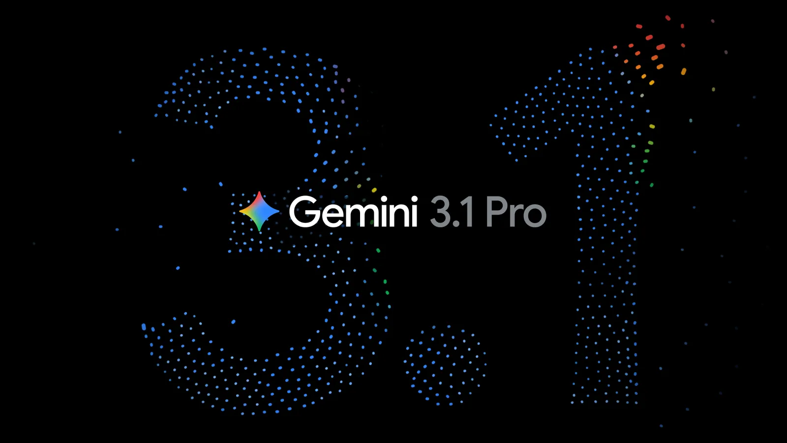 The text Gemini 3.1 Pro is displayed against a dark background, formed by shimmering, colorful blue digital dots.