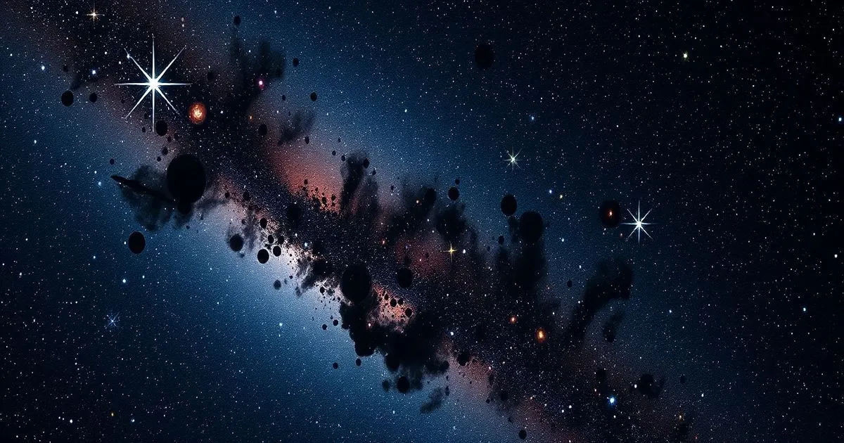 A wide-angle view of a starry galaxy filled with dark nebulae and scattered, silhouetted celestial bodies.