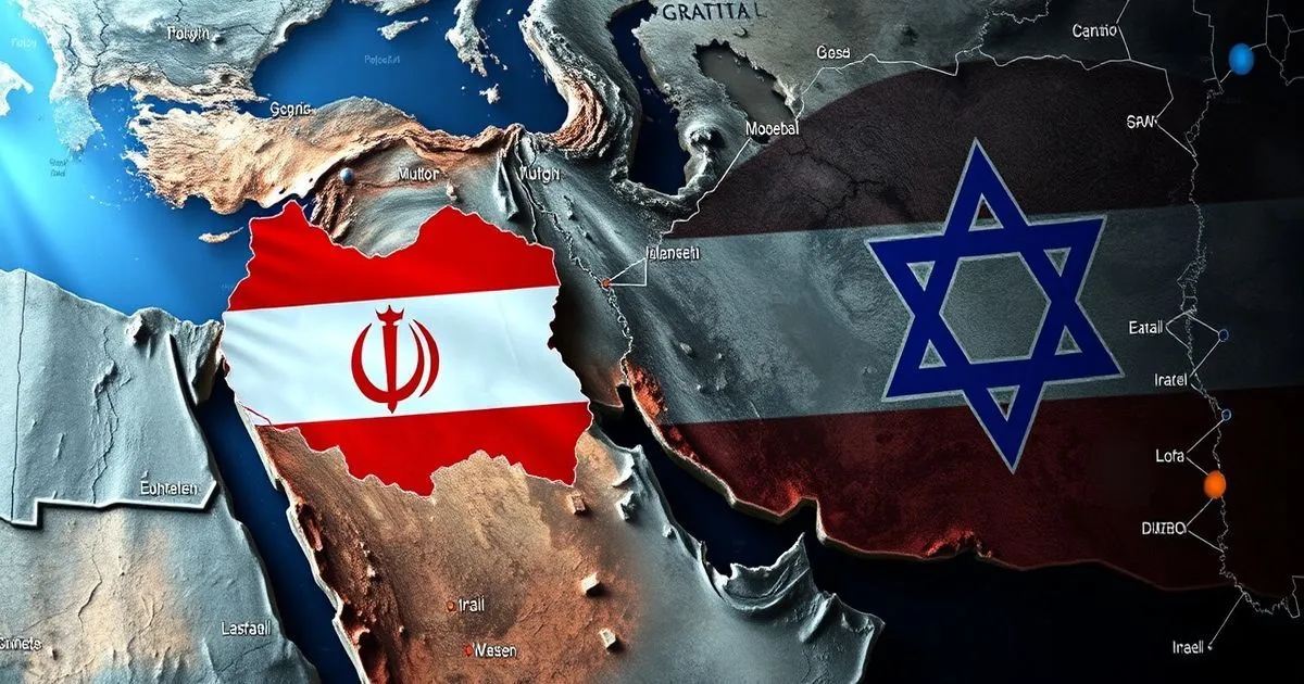 An abstract digital map displays the flags of Iran and Israel, creating a tense, dramatic geopolitical atmosphere.