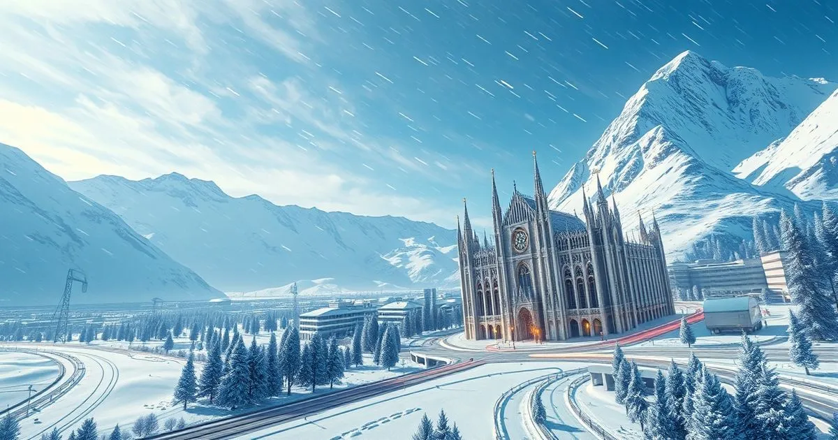 A grand, gothic cathedral stands in a serene, snow-covered mountain landscape under a bright, wintery sky.
