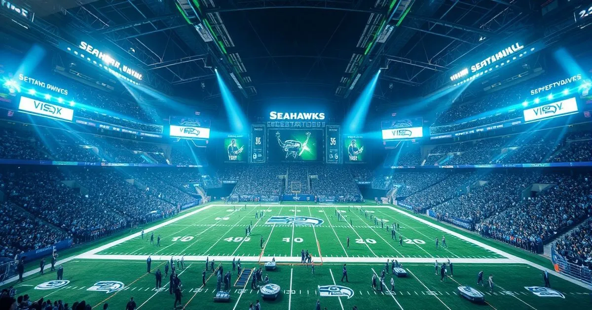 An atmospheric, brightly lit Seattle Seahawks stadium interior filled with fans, featuring a green football field at center.