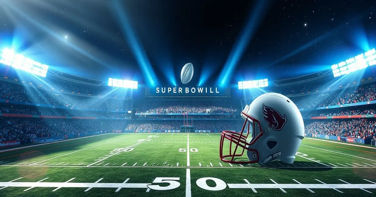 A football helmet sits on a stadium field under bright lights at a SUPER BOWILL night game event.
