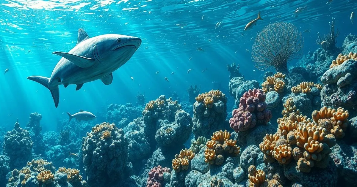 A realistic underwater scene featuring a shark gliding above a vibrant coral reef in bright, sunlit blue waters.