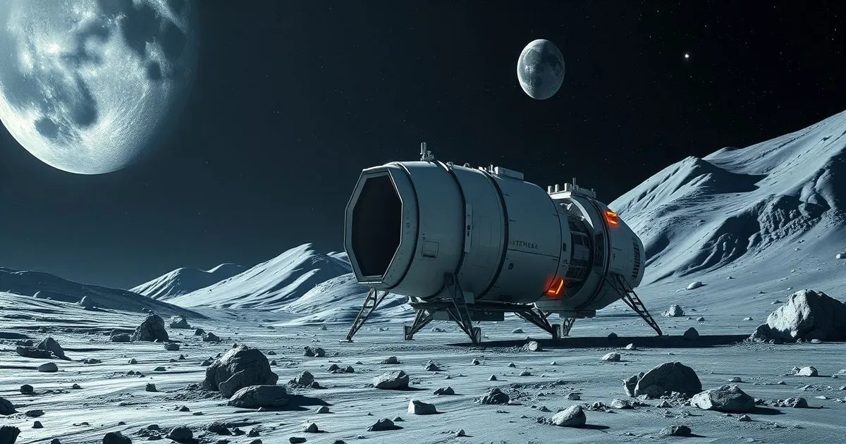 A futuristic spacecraft sits on a desolate, moonlit landscape under a starry, alien sky with two large moons.