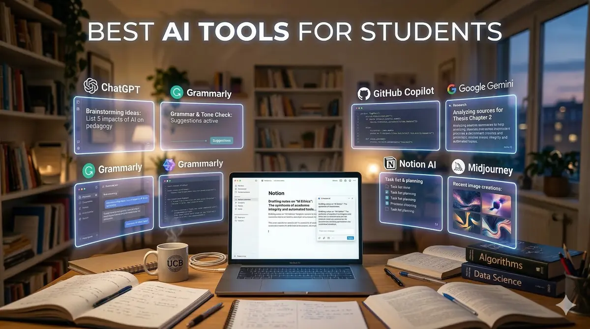A cozy, well-lit study room features a laptop surrounded by glowing icons of popular AI tools for students.
