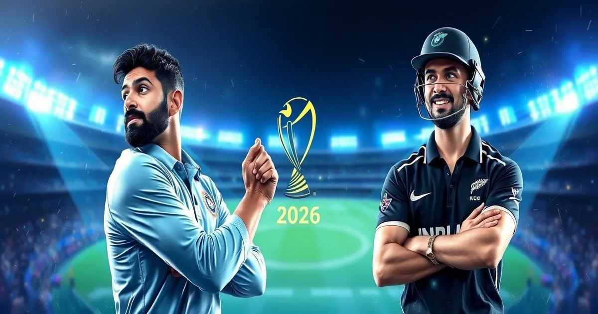 Two professional cricketers stand in a glowing stadium, flanking a 2026 World Cup logo in this vibrant illustration.