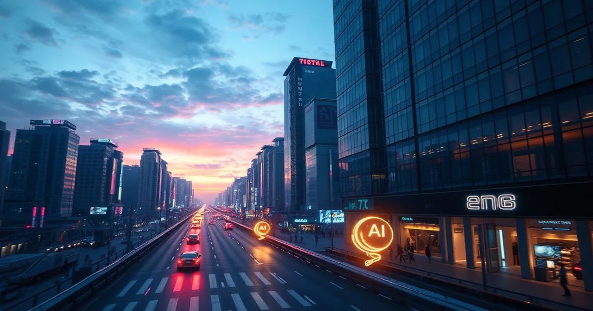 A futuristic cityscape at dusk, with glowing AI agents (represented by abstract light forms) moving purposefully through the environment, symbolizing innovation and autonomy. Dynamic, high-tech style, neon lights.