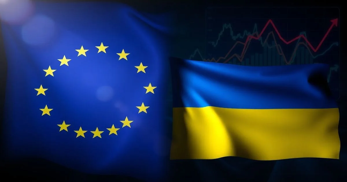A stylized image depicting the European Union flag alongside the Ukrainian flag, with economic charts and abstract representations of sanctions in the background, conveying international solidarity and economic pressure, dramatic lighting, news photography style.