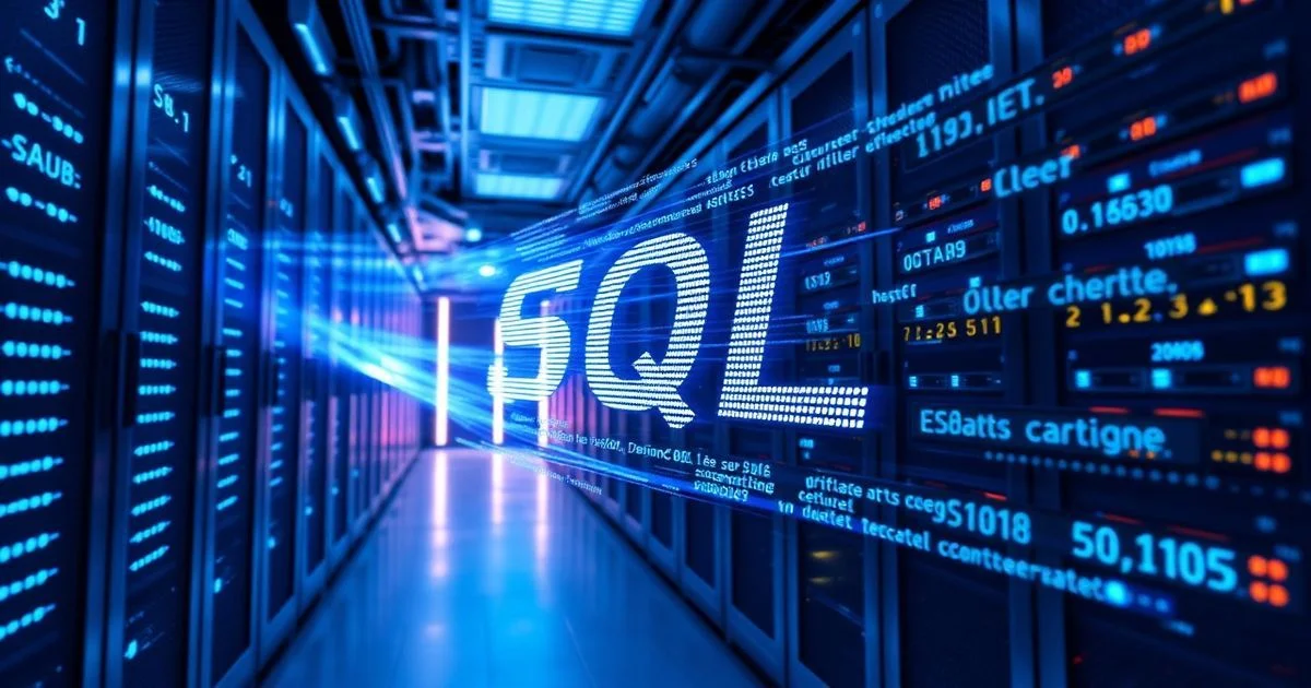 A futuristic data center with glowing blue server racks, stylized SQL code lines floating in the air, representing speed and efficiency, high-tech, cinematic lighting.