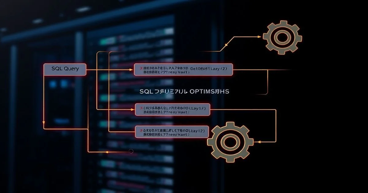 A complex SQL query flow chart with gears and a database server in the background, showing optimization processes. Tech-savvy, digital art, high-tech, glowing lines, dark background.
