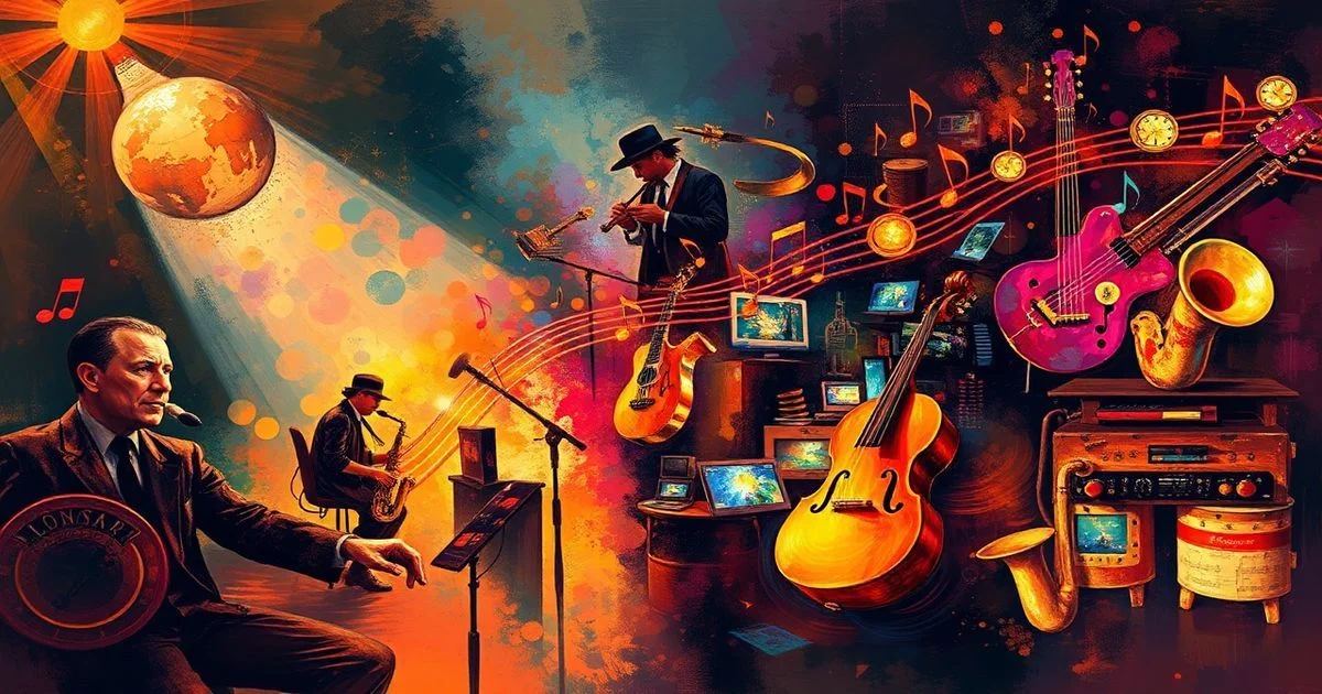 A vibrant, abstract depiction of jazz music evolution, showing a timeline from 1920s speakeasies to modern digital soundscapes, with musical notes and instruments blending into technological interfaces, warm lighting, impressionistic style.