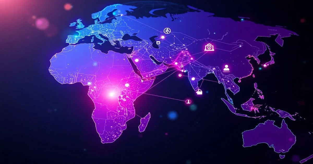 A vibrant digital map showing connecting lines between India and various African nations, with subtle icons representing technology, fintech, and education, set against a global backdrop, futuristic, high-tech style.