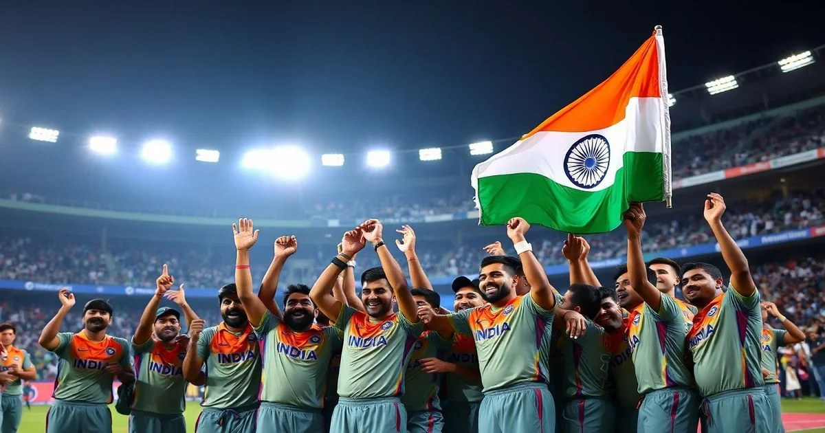 A vibrant, high-definition image of the Indian cricket team celebrating a championship victory, with the Indian flag waving prominently in a packed stadium under bright lights.