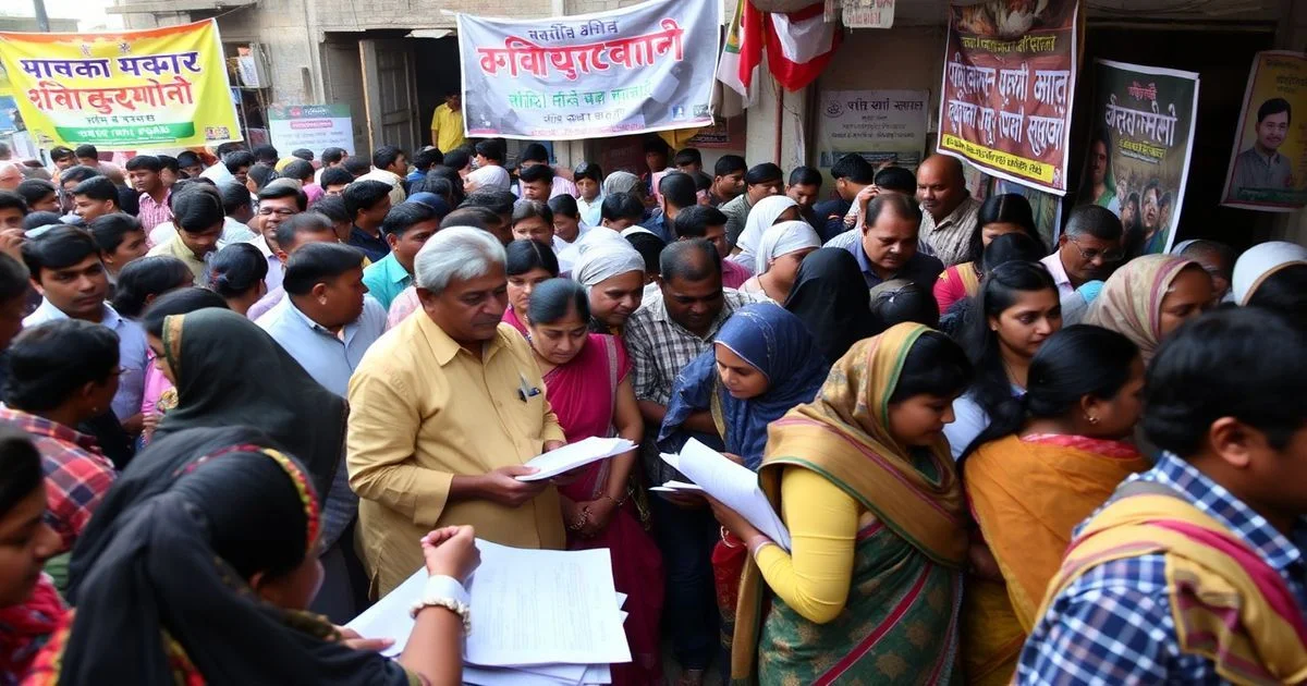 A diverse crowd of Indian voters queuing at a polling booth in West Bengal, with election officials scrutinizing voter lists, against a backdrop of vibrant political banners, in a realistic news photography style.