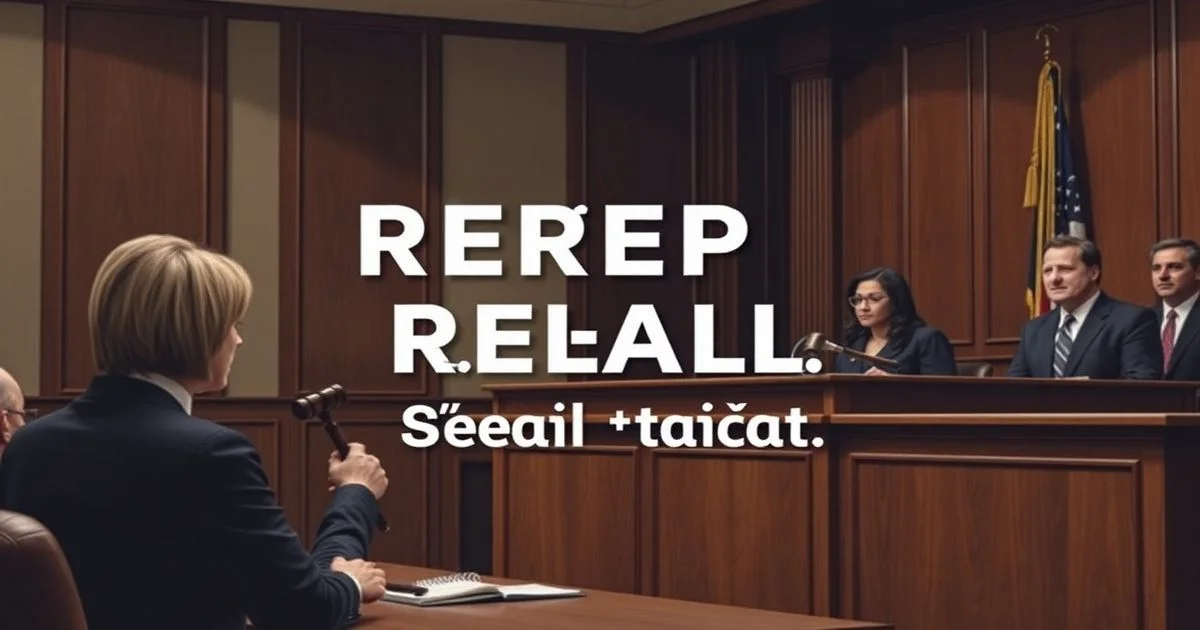 A solemn courtroom scene with a female judge presiding, gavel in hand, a defendant and lawyers present, symbolizing legal integrity and the rejection of a significant plea, in a realistic, serious tone.