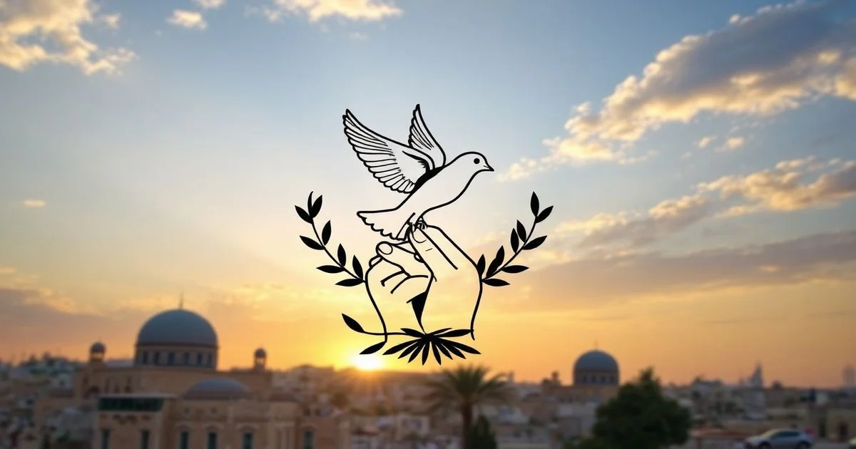A symbolic image representing peace in the Middle East, featuring intertwined hands, olive branches, and a dove, set against a backdrop of historic architecture under a serene, dawn sky, realistic style, soft lighting.