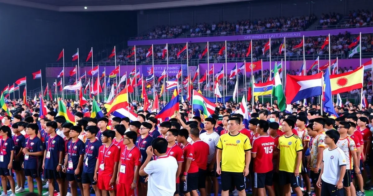 A vibrant scene of athletes from various Southeast Asian countries gathered at the opening ceremony of the SE Asia Games, with colorful flags and banners.
