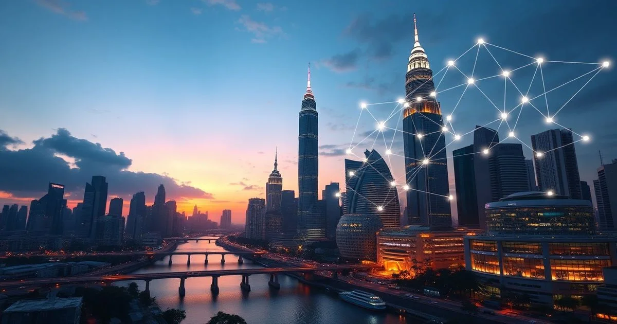 A futuristic cityscape in Southeast Asia at dawn, digital assets represented as glowing network lines connecting financial buildings, symbolizing innovation and global leadership in tokenization.