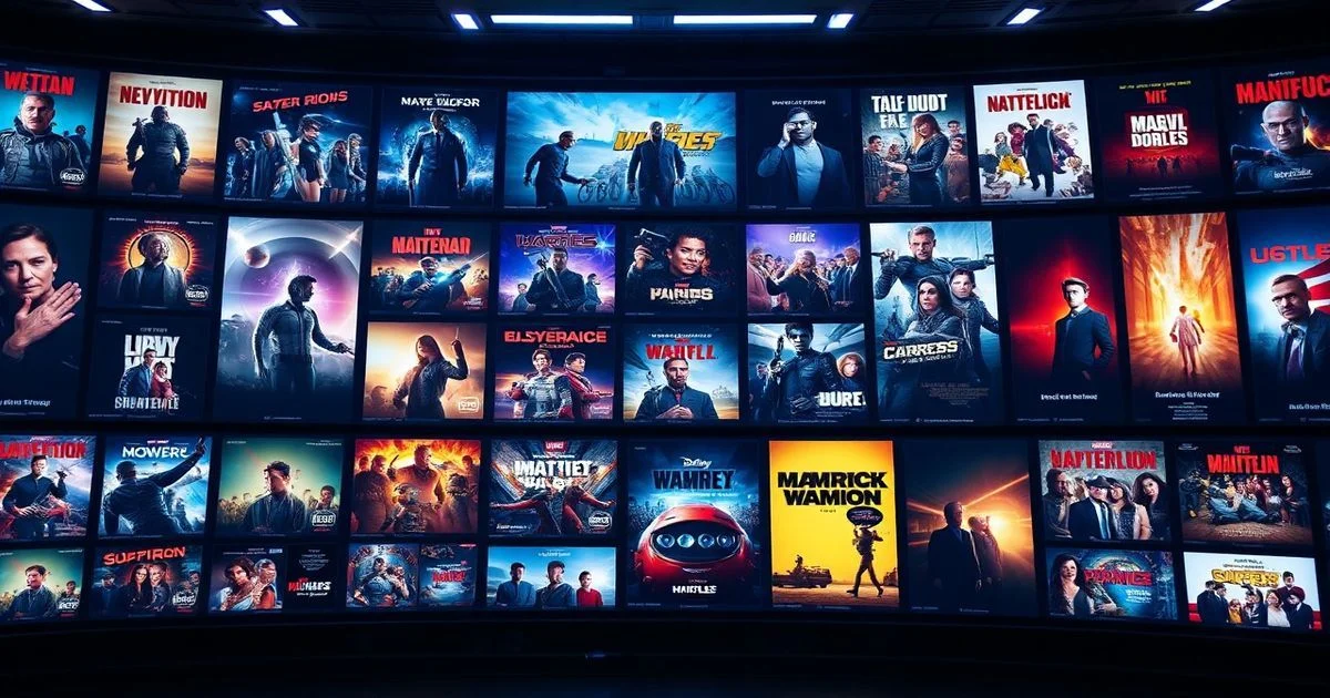 A vibrant montage of diverse movie and TV show posters on various streaming platform interfaces, futuristic, glowing, cinematic, pop culture, wide shot.