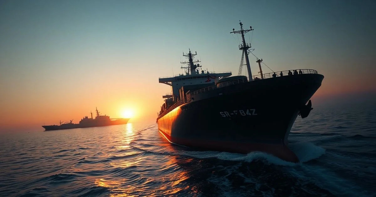 A dramatic, high-angle shot of a supertanker navigating the narrow Strait of Hormuz at sunrise, with a backdrop of a tense, modern naval vessel. Emphasize geopolitical tension, oil flow, and strategic importance. Realistic, cinematic style.