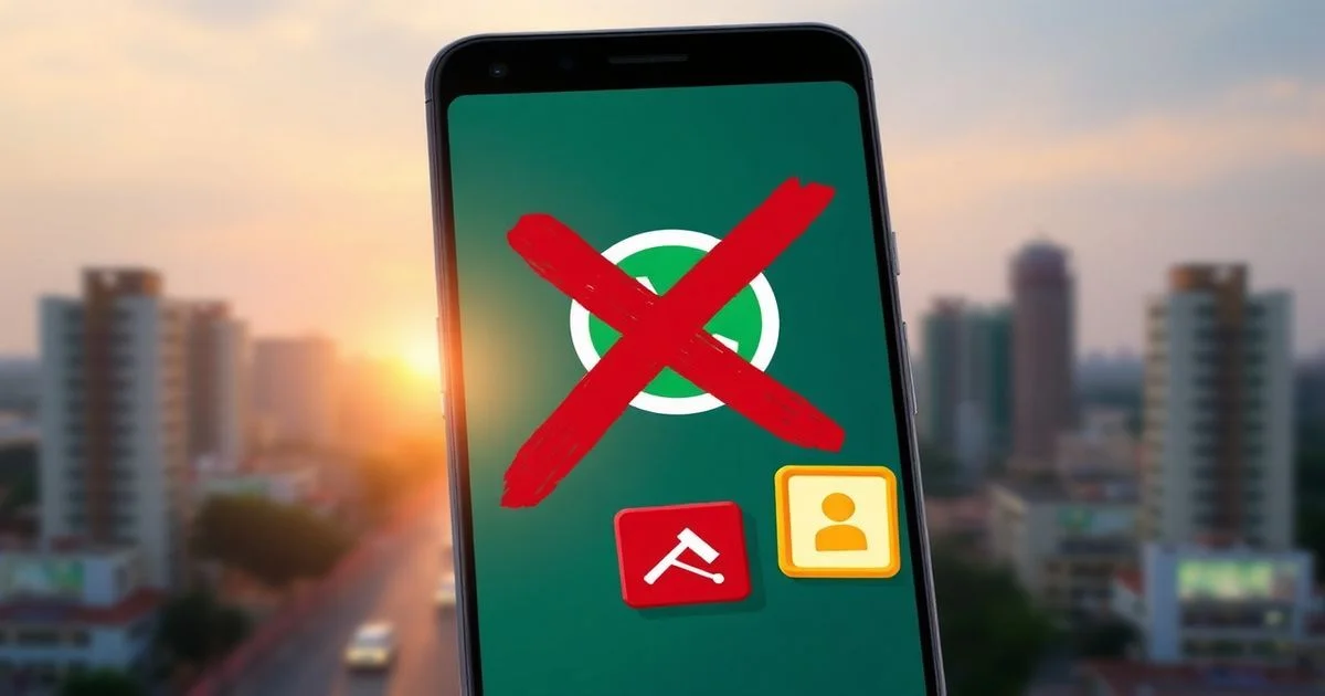 Illustrate a smartphone screen with WhatsApp logo, a red 'X' over scam icons like phishing, fake investments, job offers. Blurred Indian cityscape background, dawn light, modern digital art style.