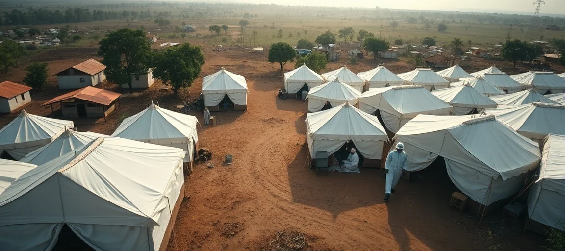 Aerial view of an African village with medical tents, showing aid workers in PPE. Emphasize a hopeful yet urgent atmosphere, with a drone shot and soft, natural lighting.