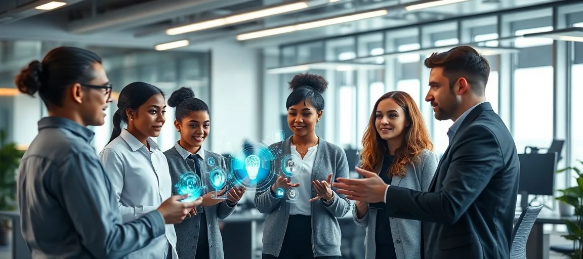 A futuristic office setting with diverse students and mentors interacting with holographic AI interfaces, symbolizing the evolution of internships and tech careers, modern, professional, dynamic lighting.
