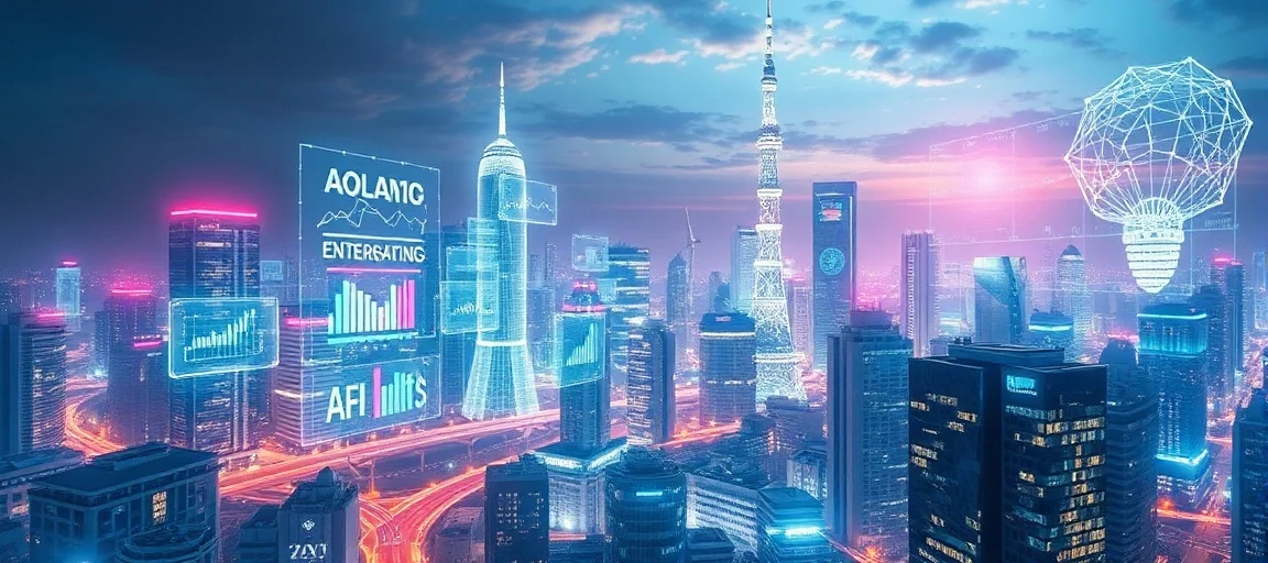 A futuristic, vibrant cityscape with holographic projections of data analytics and AI interfaces, symbolizing a booming AI market. Dynamic lighting, high-tech, digital art style.