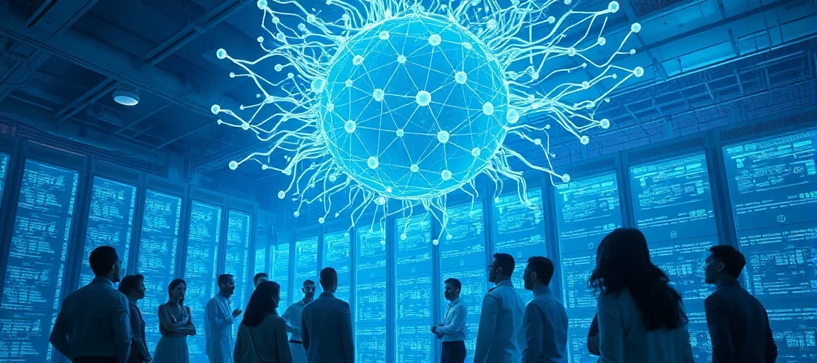 A futuristic data center bathed in blue light, with intricate AI neural networks floating above, surrounded by diverse individuals debating ethical considerations. Cyberpunk style, high-tech, thought-provoking.