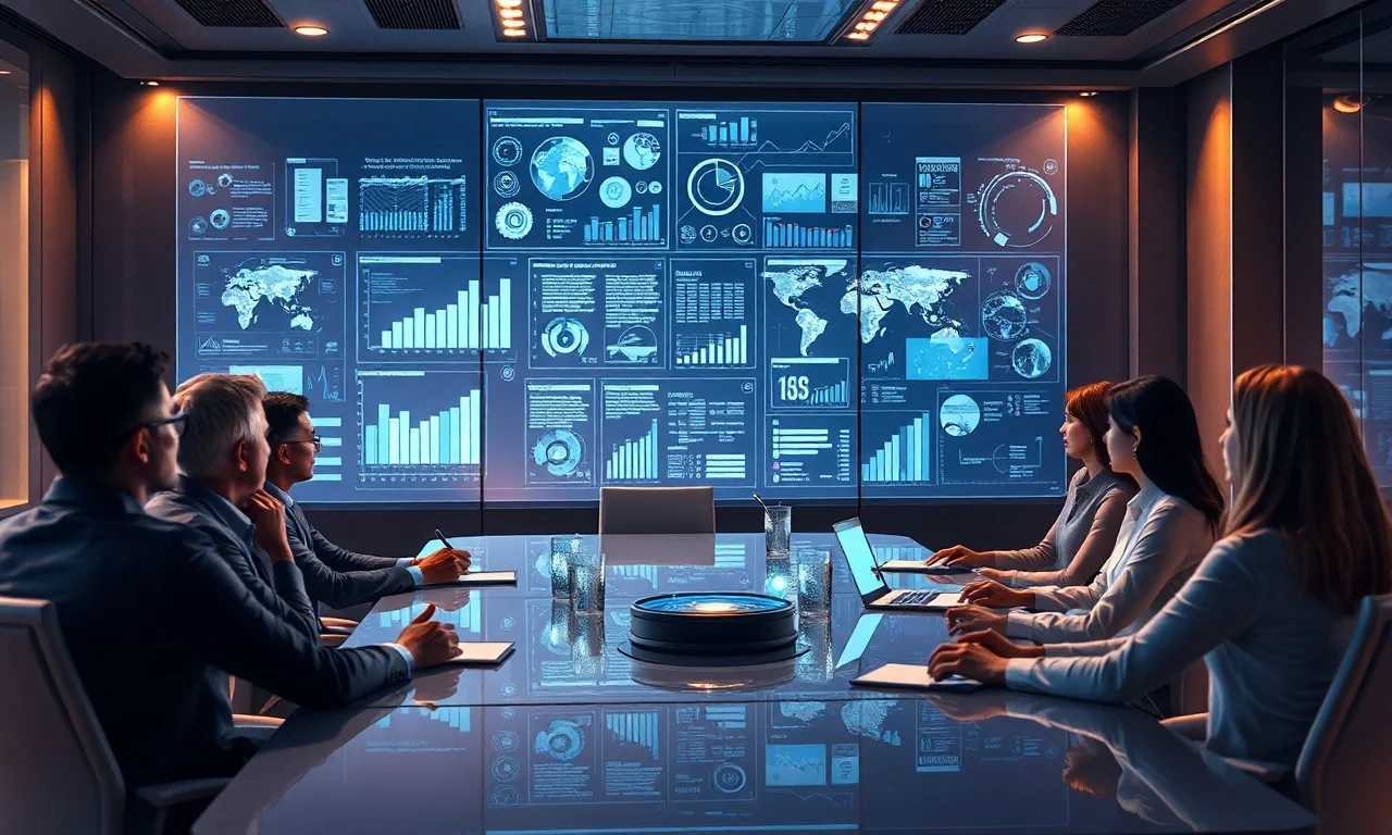 A futuristic boardroom scene with diverse C-suite executives discussing data visualizations on transparent screens, conveying strategic value and innovation through AI, warm lighting, digital art style.