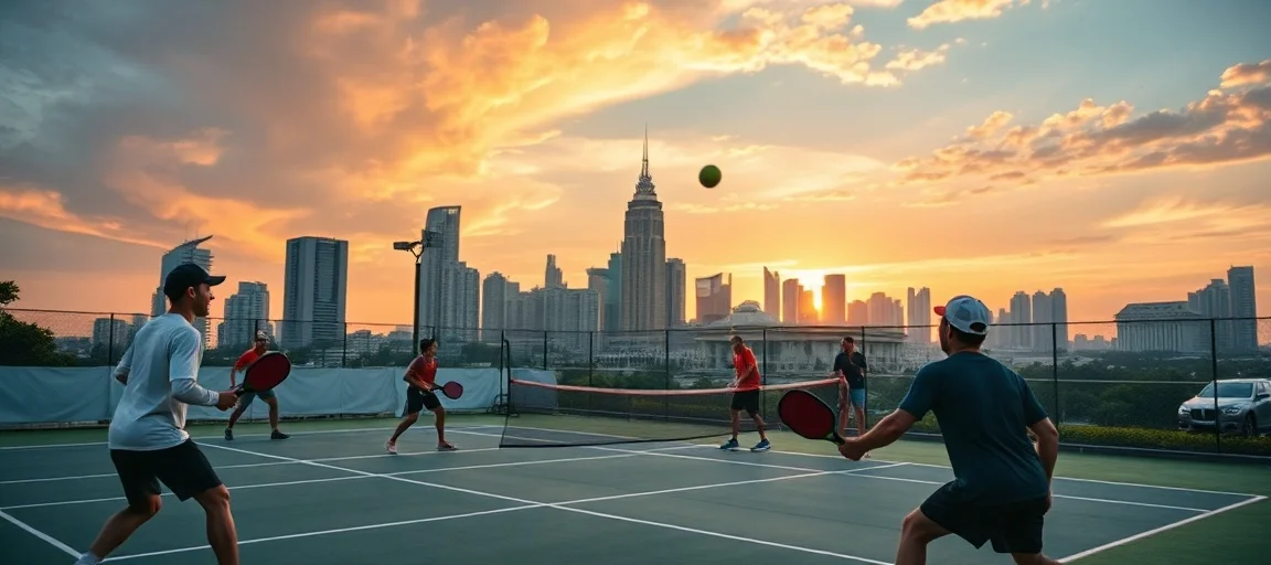 Vibrant, high-energy photo of a pickleball match in progress on an outdoor court, set against a backdrop of iconic Southeast Asian city skyline at sunset. Players are actively engaged, rackets in motion, the pickleball in mid-air. The style should be dynamic and modern, with warm, inviting lighting, capturing the excitement of the APAC Pickleball Tour.