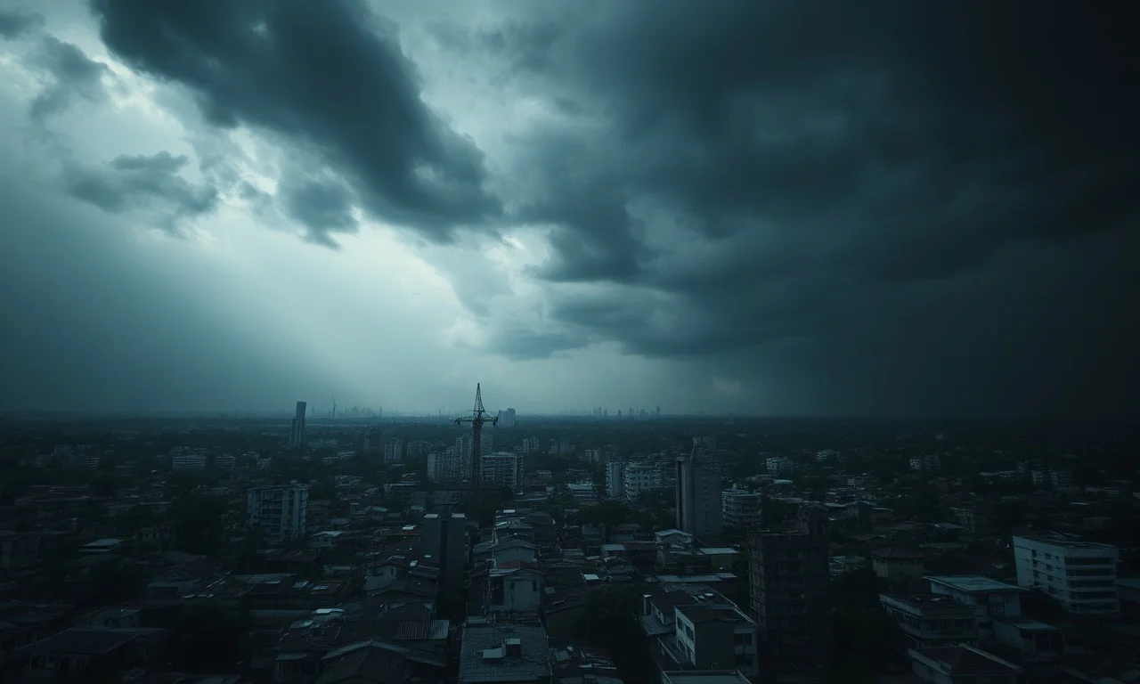 An aerial view of a distressed Southeast Asian cityscape under a dark, stormy sky, with military checkpoints visible and a faint ASEAN flag in the distance. Style: somber, realistic, cinematic. Lighting: dramatic, low key.