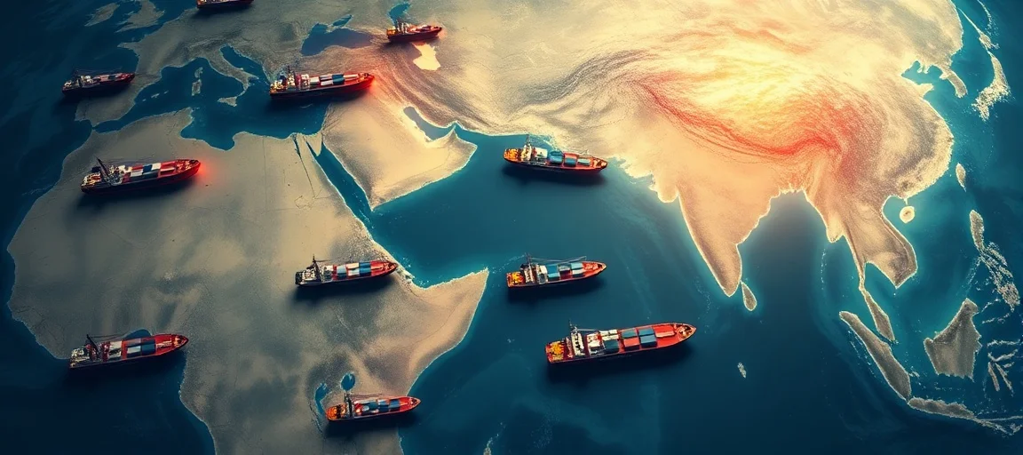 An aerial view of a diverse global oil supply chain, with ships from various regions heading towards Asian ports, set against a backdrop of a map highlighting the Middle East with a subtle glow of tension. Realistic, strategic, global trade.