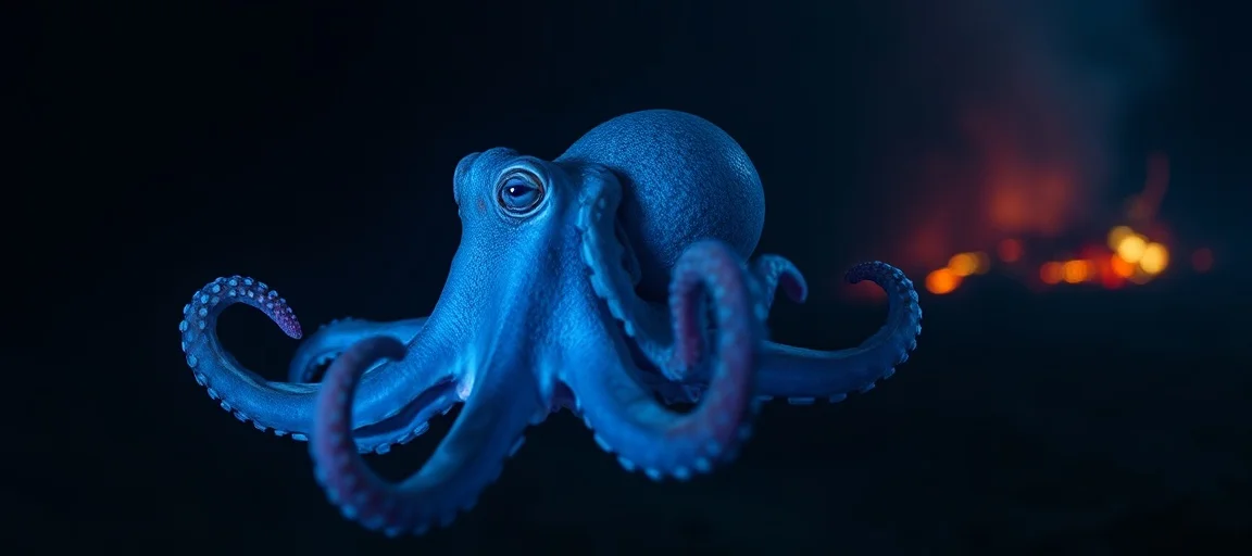 A vibrant, golf-ball sized blue octopus with short arms against a dark deep-sea background, glowing faintly, near volcanic vents in the Galapagos deep sea, hyperrealistic, ethereal lighting.