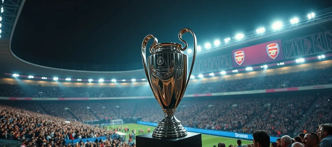 A vibrant, high-energy image of a packed football stadium in Budapest at night, with the Champions League trophy prominently displayed, and subtle hints of PSG and Arsenal team colors in the crowd. Dynamic, cinematic style, celebratory atmosphere.