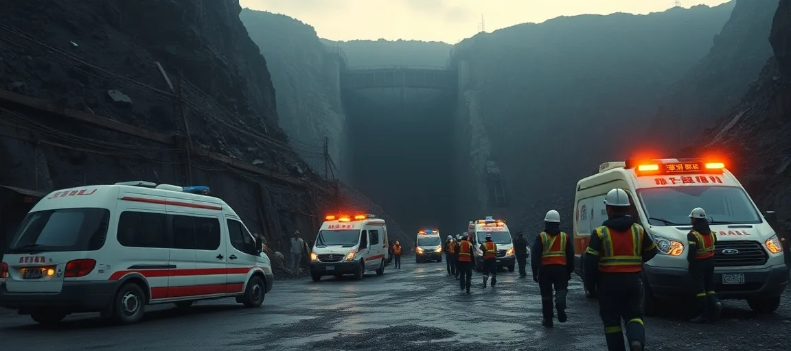 A somber scene at a Chinese coal mine entrance at dawn, rescue workers in helmets and reflective vests with ambulances and emergency vehicles, a dark mine shaft in the background, realistic, news photography style, slightly desaturated colors.