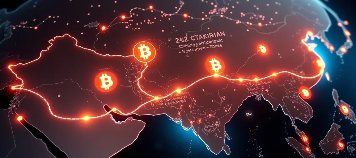 A stylized map showing China and the Belt and Road routes, overlaid with digital currency symbols and glowing lines, depicting global financial connections. Futuristic, geopolitical art style with a focus on cross-border transactions and digital infrastructure.