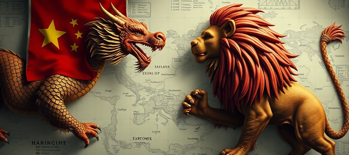 A detailed, realistic depiction of a Chinese dragon and a European lion facing each other across a stylized trade map, with subtle economic charts in the background. Cinematic lighting, serious tone.