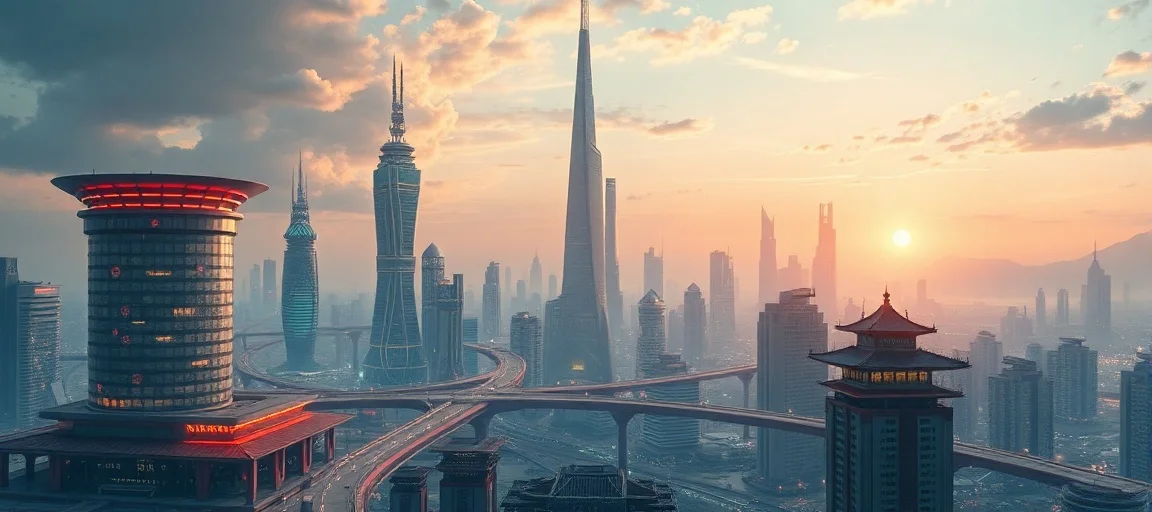 A vibrant, futuristic cityscape showcasing advanced technology and innovation, with a subtle integration of Chinese architectural elements, under a dawn sky, digital art style.