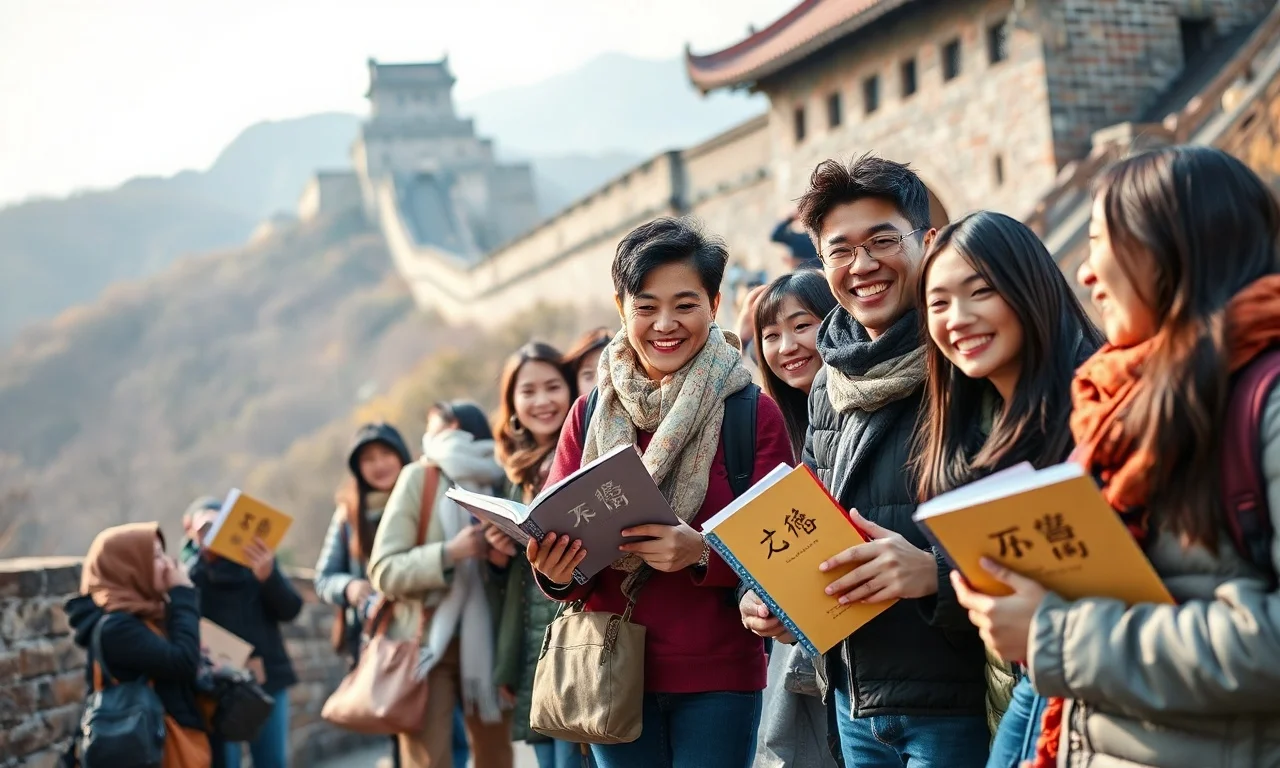 A group of diverse Chinese tourists at a famous historical landmark, possibly the Great Wall, holding academic textbooks and smiling, passing a book from one to another. The scene should be vibrant and culturally rich, with soft natural lighting and a realistic, documentary photography style.