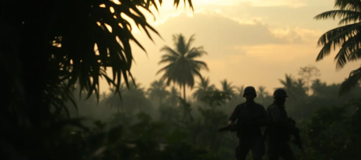 A tense late-afternoon scene in Colombia's Guaviare jungle, showing dense foliage and the blurred silhouette of a patrol, realistic atmospheric style.
