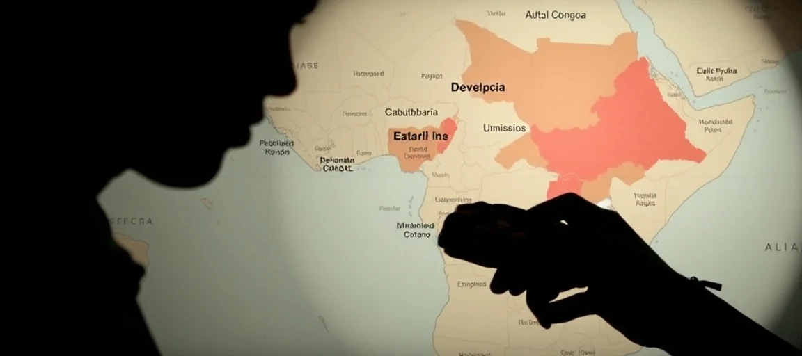A detailed map of the Democratic Republic of Congo highlighting regions affected by an Ebola outbreak, with a shadowed figure holding a piece of wild meat in the foreground, ominous lighting, news report style.