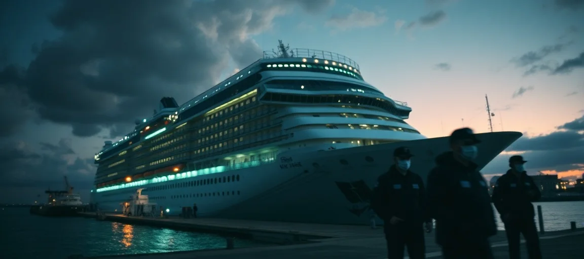 A dramatic, wide-angle shot of a large cruise ship docked in a port at dusk, with an ominous, almost sickly green glow emanating from within, and blurred figures of masked health officials on the pier. Style: photojournalistic, slightly desaturated with a focus on unsettling atmosphere.