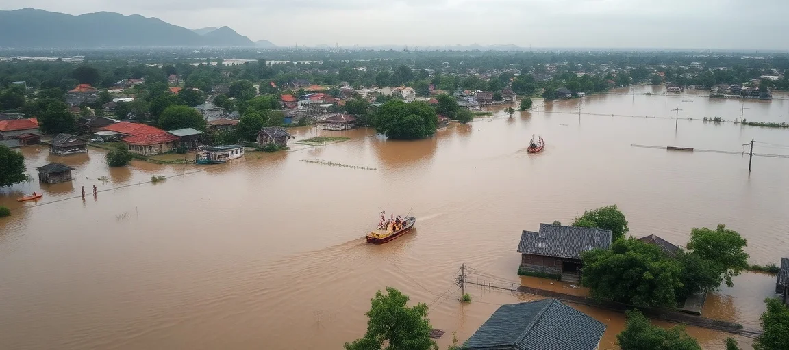 Aerial view of a flooded rural area in Chongqing, China, with submerged homes and rescue boats navigating through brown water. Overcast sky, realistic, news photography style.