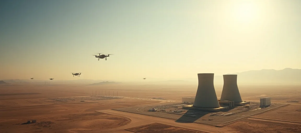 An aerial view of a nuclear power plant in the desert under a clear sky, with subtle, blurred trails of drones in the distance, conveying a sense of tension and vulnerability, realistic style, golden hour lighting.